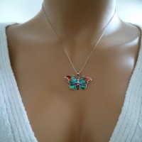 14K Rose Gold Red Blue Butterfly Necklace