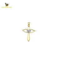 14K Solid Gold Cross Angel Charm Pendant