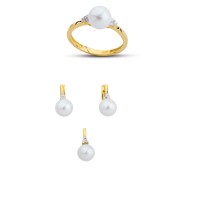 14K Solid Gold Gemstone Cz Pearl Stone Set