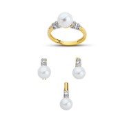 14K Solid Gold Gemstone Cz Pearl Stone Set