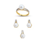 14K Solid Gold Gemstone Cz Pearl Stone Set