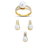 14K Solid Gold Gemstone Cz Pearl Stone Set