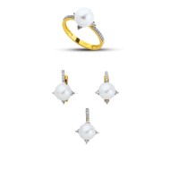 14K Solid Gold Gemstone Cz Pearl Stone Set