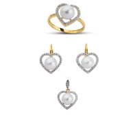 14K Solid Gold Gemstone Cz Pearl Stone Set