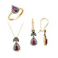 14K Solid Gold Gemstone Cz Ruby Set