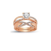 14K Solid Gold Solitaire With Band Engagement Wedding Ring Set