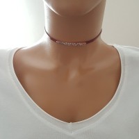 925K Sterling Silver Choker Claret Red Leather Necklace