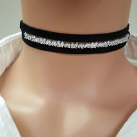 925K Sterling Silver Choker Cz Diamond Black Leather Necklace