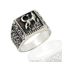 925K Sterling Silver Gray Wolf Men Ring