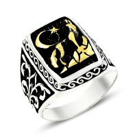 925K Sterling Silver Gray Wolf Men Ring