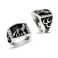 925K Sterling Silver Gray Wolf Men Ring