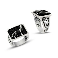 925K Sterling Silver Gray Wolf Men Ring