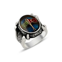 925K Sterling Silver Ottoman Flag Men Ring