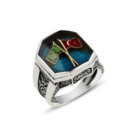 925K Sterling Silver Ottoman Flag Men Ring