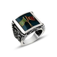 925K Sterling Silver Ottoman Flag Men Ring