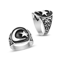 925K Sterling Silver Star And Crescent Men Ring