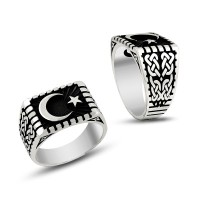 925K Sterling Silver Star And Crescent Men Ring