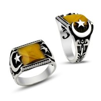 925K Sterling Silver Star And Crescent Men Ring