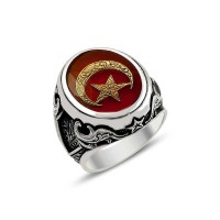 925K Sterling Silver Star And Crescent Men Ring