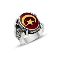 925K Sterling Silver Star And Crescent Men Ring