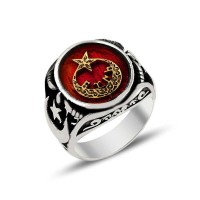 925K Sterling Silver Star And Crescent Men Ring