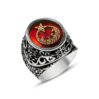 925K Sterling Silver Star And Crescent Men Ring