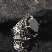 925 Sterling Silver Black Zircon Stone Handmade Men Ring