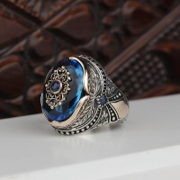 925 Sterling Silver Aqua  Stone Traditional Motif Men Ring