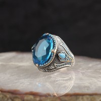 925 Silver Blue Topaz Stone Crystal Cut Men Ring 