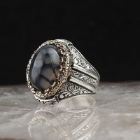 925 Sterling Silver Aqeq Stone Pen Workmanship Handmade Men Ring