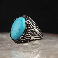 925 Sterling Silver Turquoise Stone Sword Handmade Men Ring