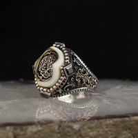 925 Sterling Silver La Galibe İllallah Written Amber Stone Men Ring