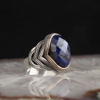 925 Sterling Silver Saphire Stone Handmade Men Ring