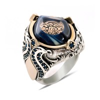 925 Sterling Silver La Galibe İllallah Written Amber Stone Men Ring