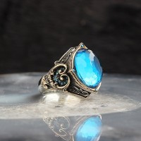 925 Sterling Silver Blue Topaz Stone Handmade Men Ring