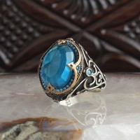 925 Sterling Silver Aqua Marine Stone Traditional Motif Men Ring