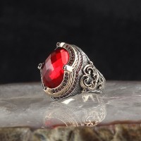 925 Sterling Silver Red Zircon Stone Pen Workmanship Handmade Men Ring