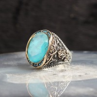 925 Sterling Silver Paraiba Stone Handmade Men Ring