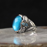 925 Sterling Silver Aqua Marine Stone Traditional Motif Men Ring