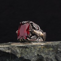 925 Sterling Silver Red Zircon Stone Eagle Square Men Ring 