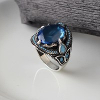 925 Sterling Silver Blue Zircon Stone Tulip Motif Handmade Men Ring