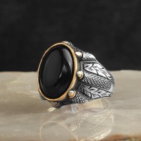 925 Sterling Silver Onyx Oval Stone Eagle Claw Setting Men Ring