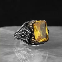 925 Sterling Sİlver Citrine Stone Handmade Square Men Ring