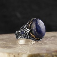 925 Sterling Silver Lapis Stone Handmade Pen Workmanship Men Ring