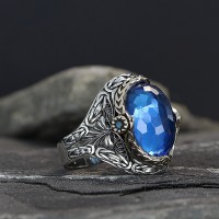 925 Sterling Silver Blue Zircon Stone Handmade Chain Link Men Ring