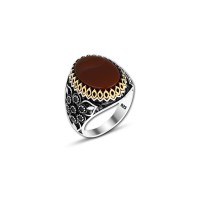 925 Silver Burgundy Agate Stone Ring For Men