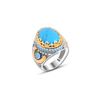 925 Silver Turquoise Stone Pattern Ring For Men