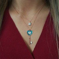 Rose Gold Plated 925K Silver Evil Eye Key Combine Necklace