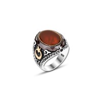 925 Silver Red Zircon Star and Crescent Ring For Men