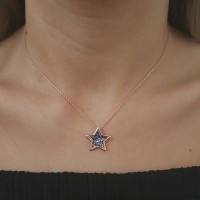 Silver Rose Gold P. 925K Sterling  Design Star Pave Necklace